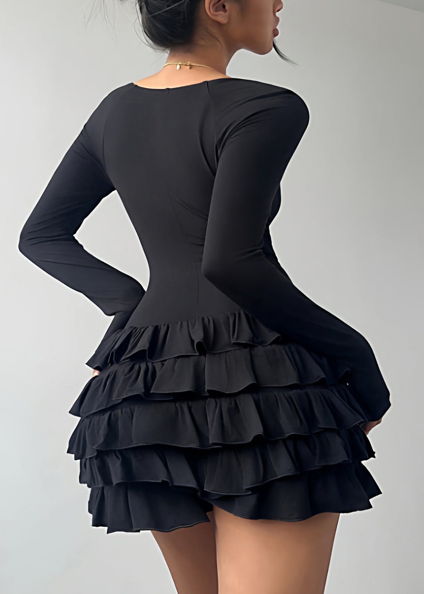 French Black Square Collar Patchwork Mid Dresses Long Sleeve