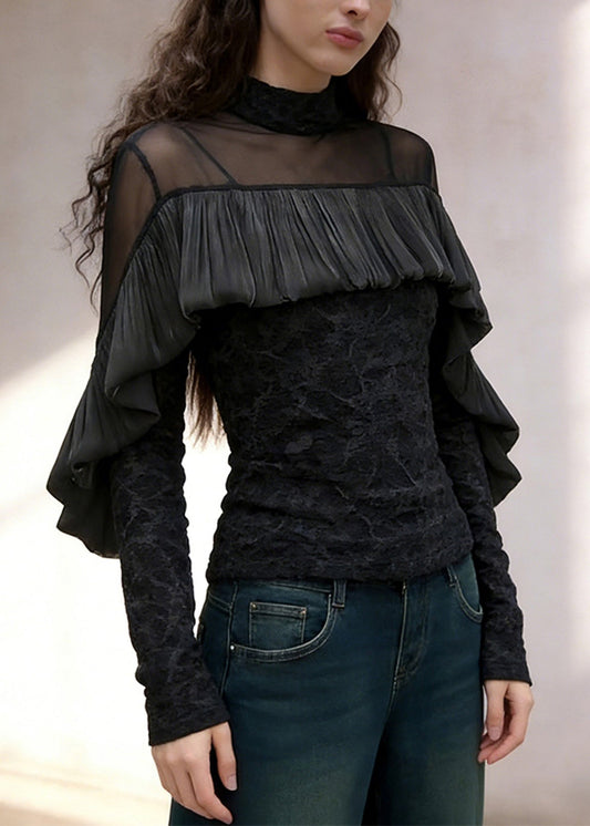 French Black Turtleneck Ruffled Tulle Patchwork T Shirt Spring