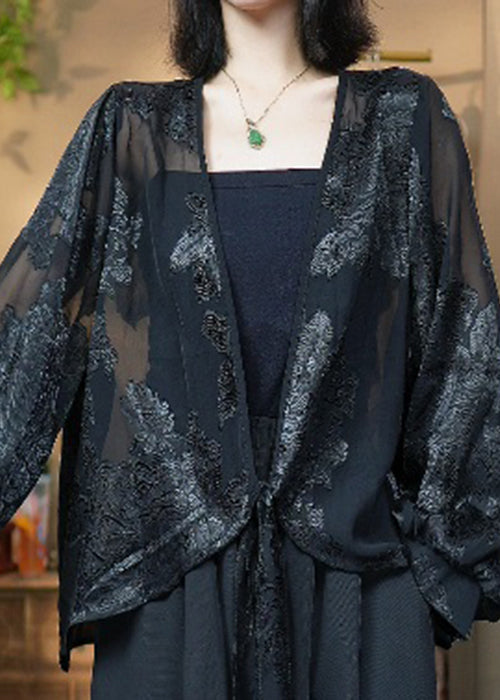 French Black V Neck Embroidered Lace Up Silk Cardigan Fall