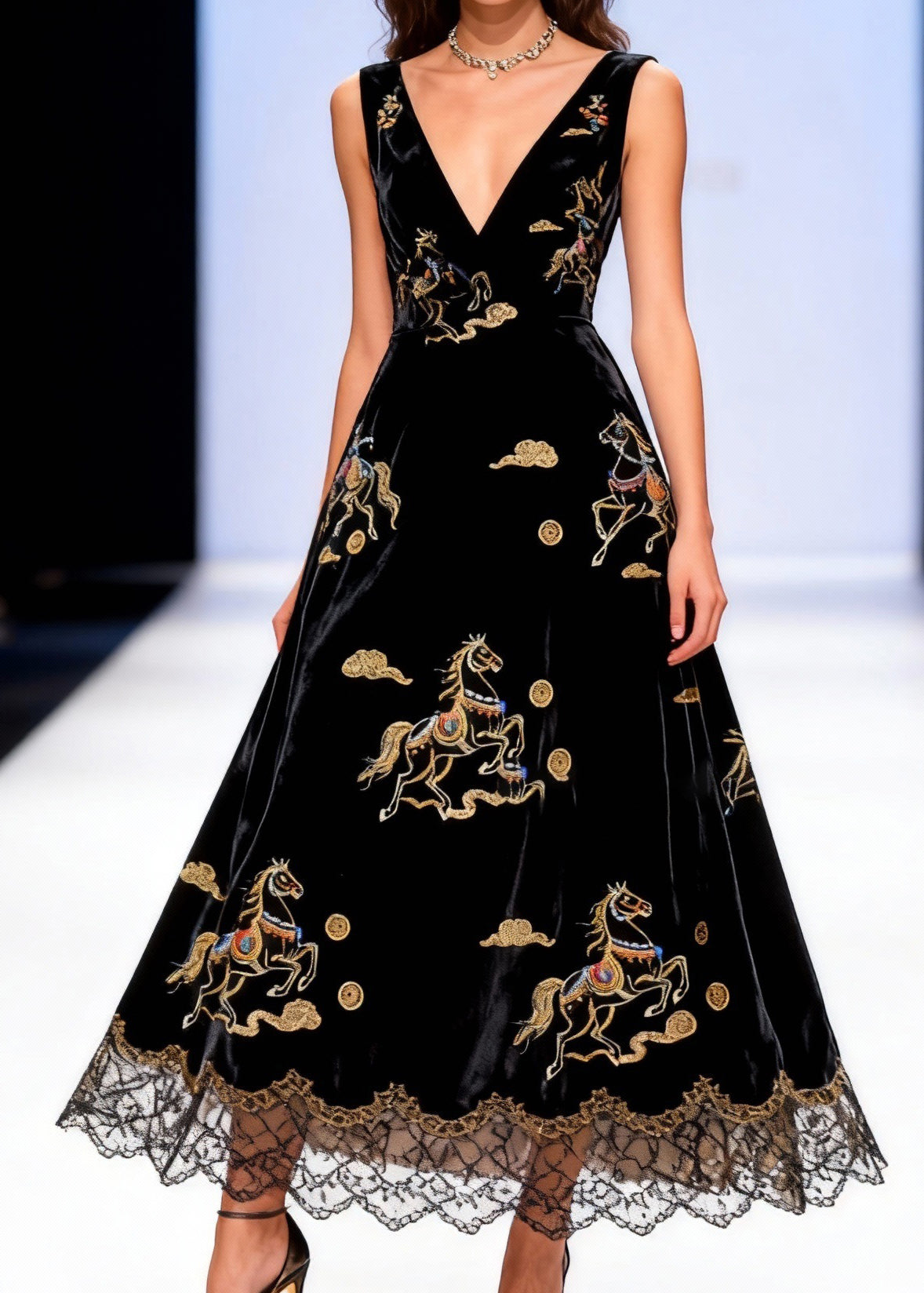 French Black V Neck Horse Lace Patchwork Silk Velvet Long Dress Sleeveless