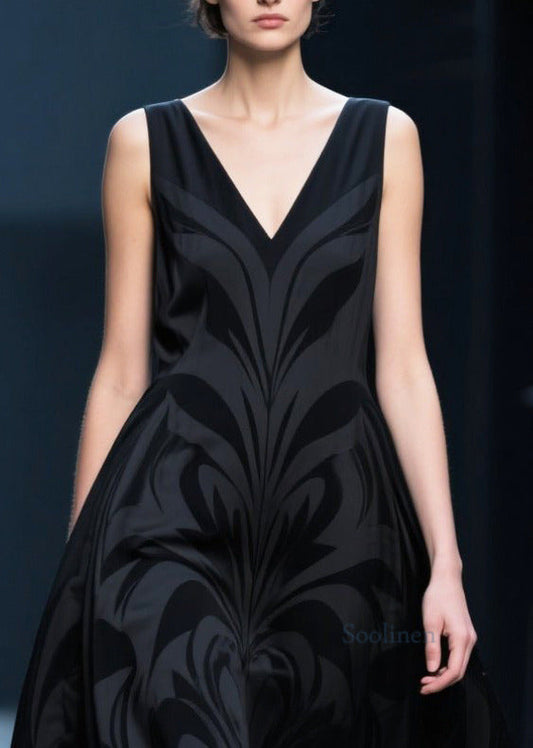 French Black V Neck Jacquard Chiffon Robe Dresses Summer