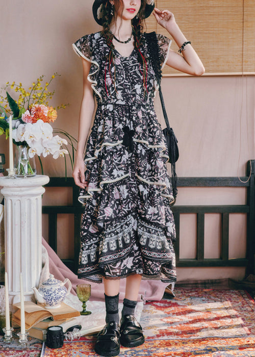 French Black V Neck Print High Waist Chiffon Long Dresses Summer