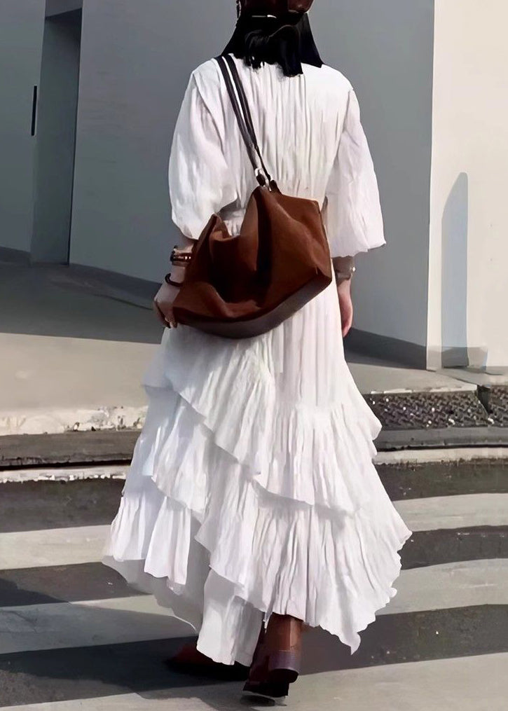 French Black V Neck Wrinkled Solid Cotton Long Dress Fall