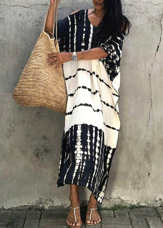 French Black White Tie Dye Cold Shoulder kimono Robe Cotton Dress - SooLinen