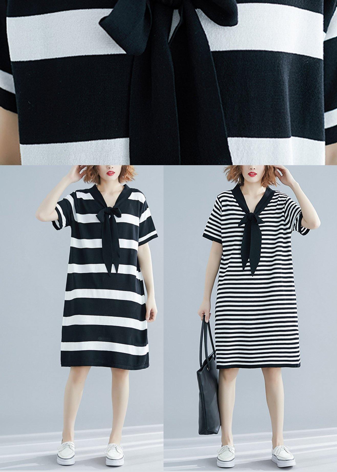 French Black White Wide Striped Cotton Bow Summer Dress - SooLinen