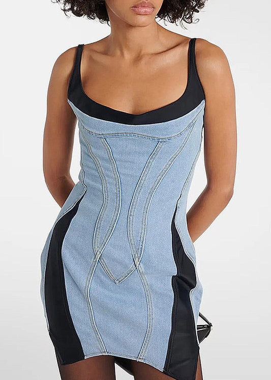 French Blue Asymmetrical Patchwork Denim Mini Dresses Sleeveless