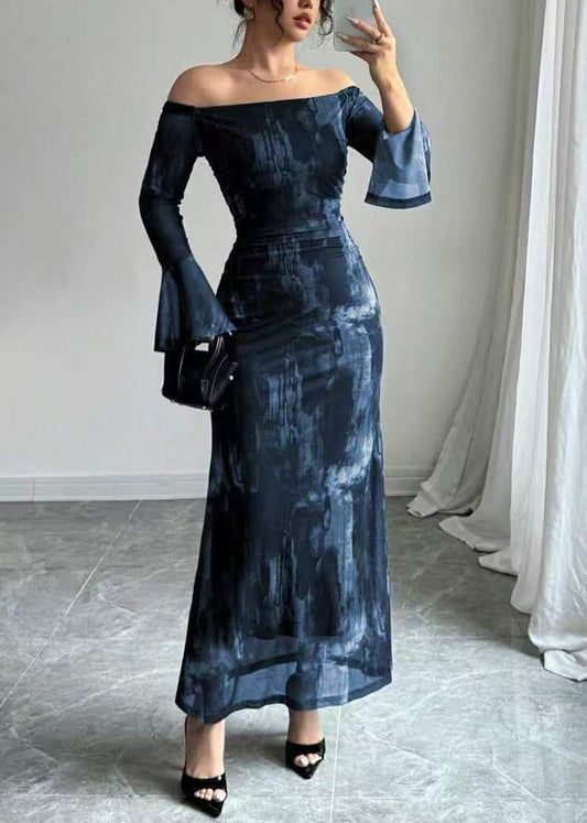 French Blue Cold Shoulder Design Tie Dye Cotton Long Dress Flare Sleeve