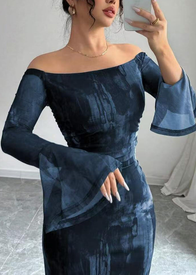 French Blue Cold Shoulder Design Tie Dye Cotton Long Dress Flare Sleeve