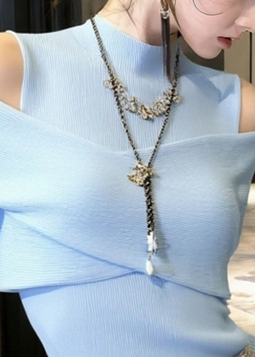 French Blue Cold Shoulder Patchwork Knitted Sweater Tops Spring