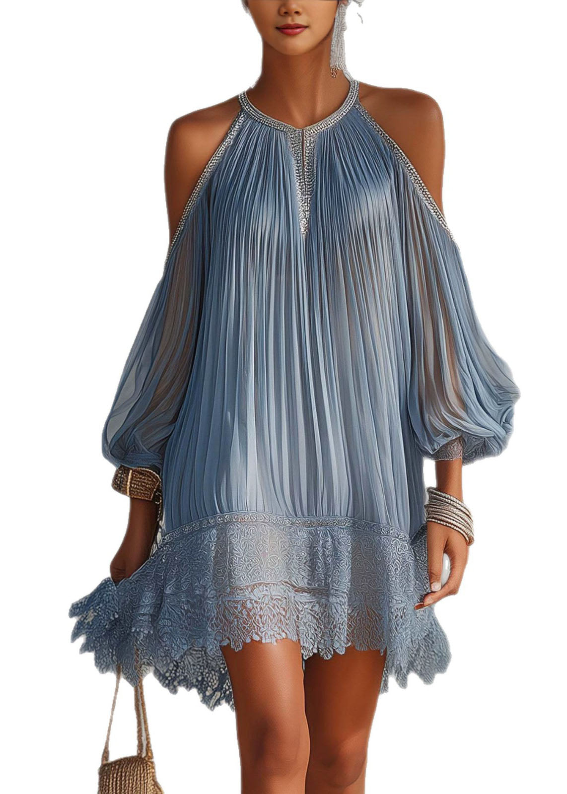 French Blue Cold Shoulder Patchwork Lace Chiffon Pleated Dress Summer