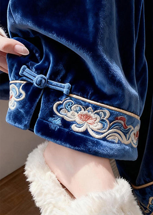 French Blue Embroidered Button Silk Velvet Pants Spring