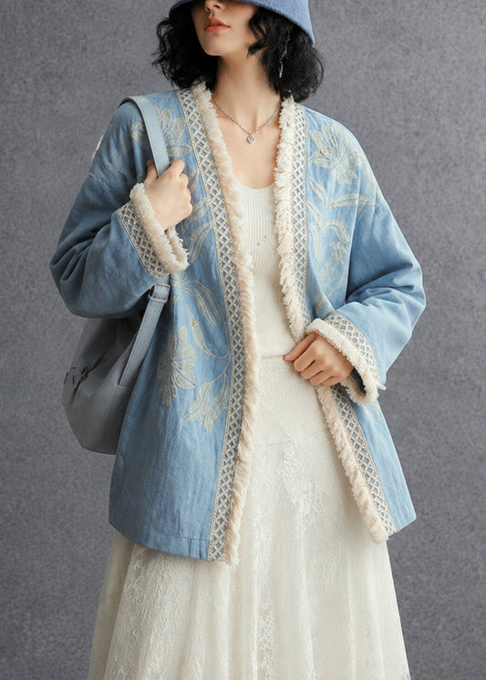 French Blue Embroidered Oversized Cotton Cardigan Fall