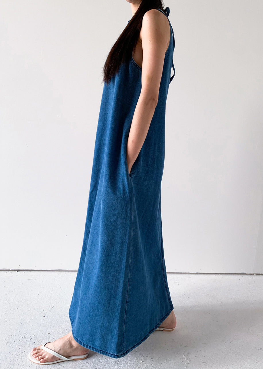French Blue Lace Up Pockets Denim Long Dresses Sleeveless