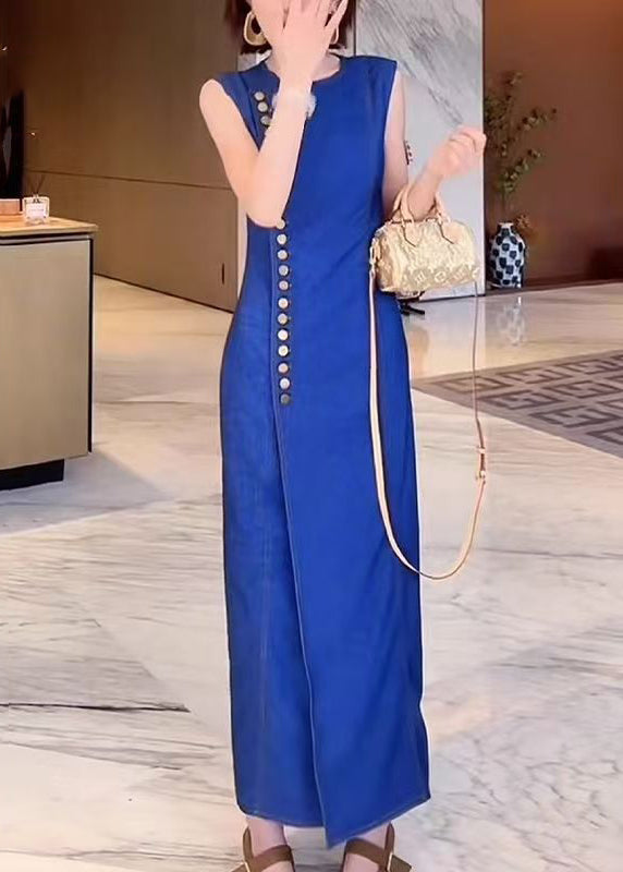 French Blue O Neck Button Front Open Denim Long Dresses Sleeveless