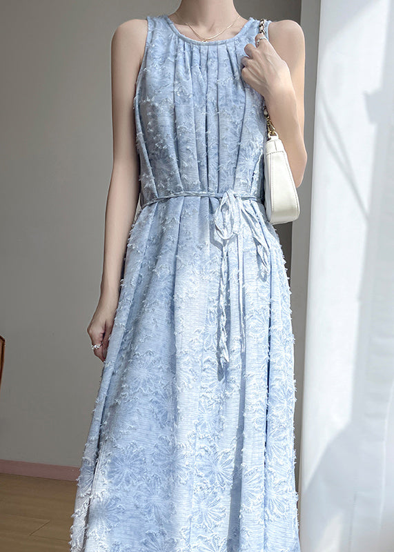 French Blue O Neck Original Design Cotton Long Dress Sleeveless