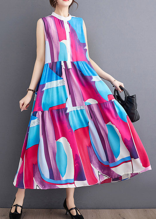 French Blue O-Neck Print Patchwork Wrinkled Chiffon Maxi Dresses Summer