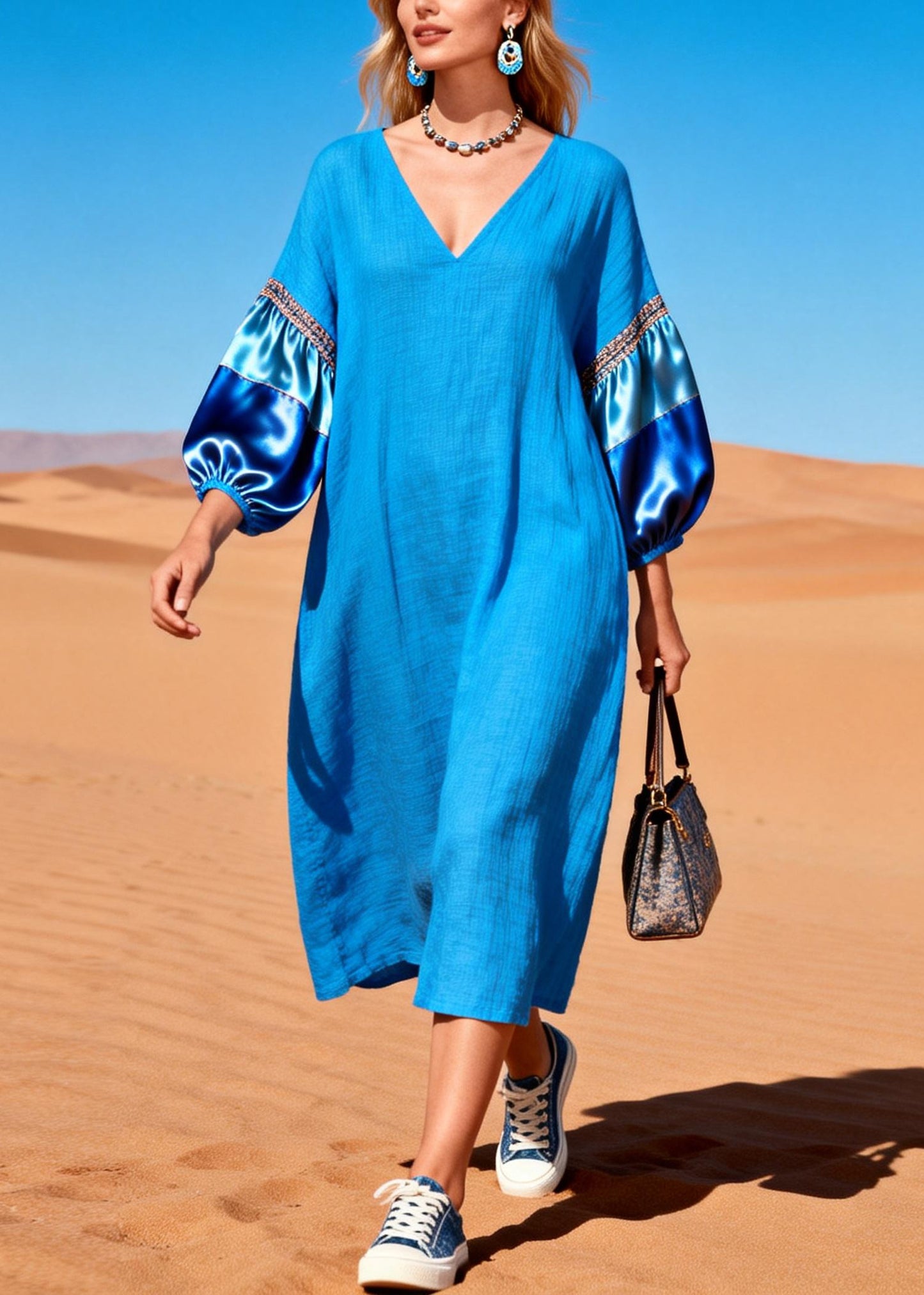 French Blue Oversized Patchwork Cotton Dresses Lantern Sleeve