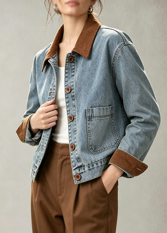 French Blue Peter Pan Collar Pockets Patchwork Denim Jackets Fall