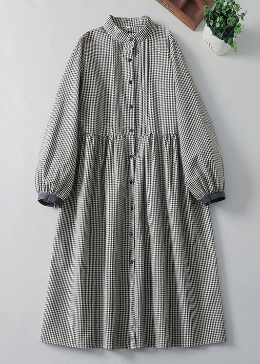 French Blue Plaid Button Cotton Shirts Dress Spring