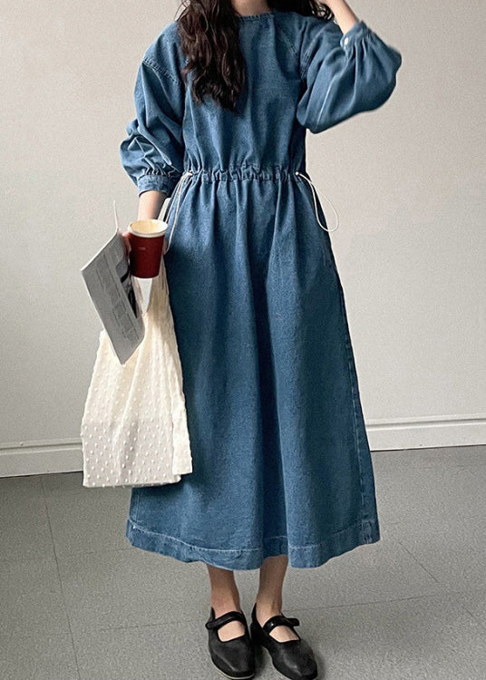 French Blue Pockets Drawstring Denim Long Dresses Spring