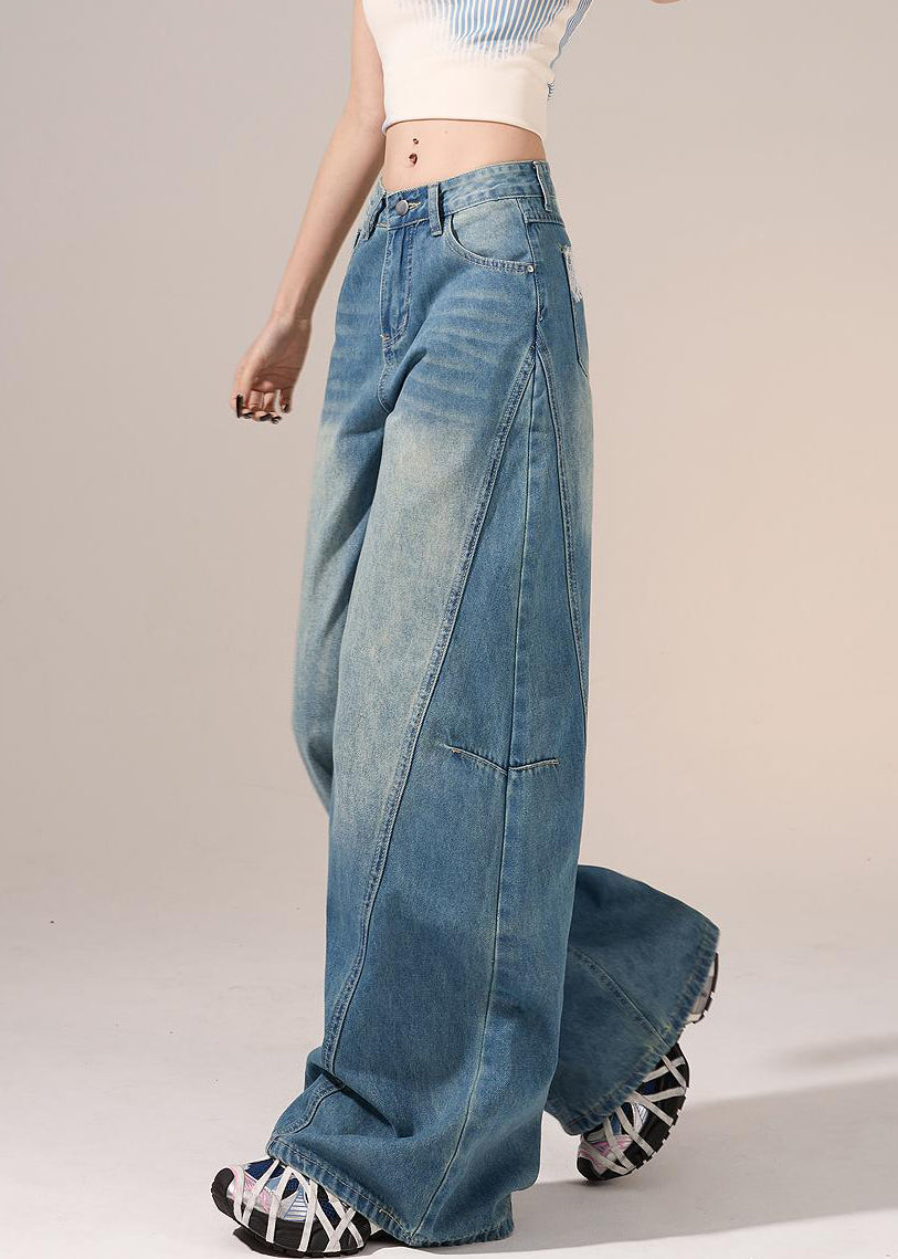 French Blue Pockets Lace Patchwork Denim Pants Spring