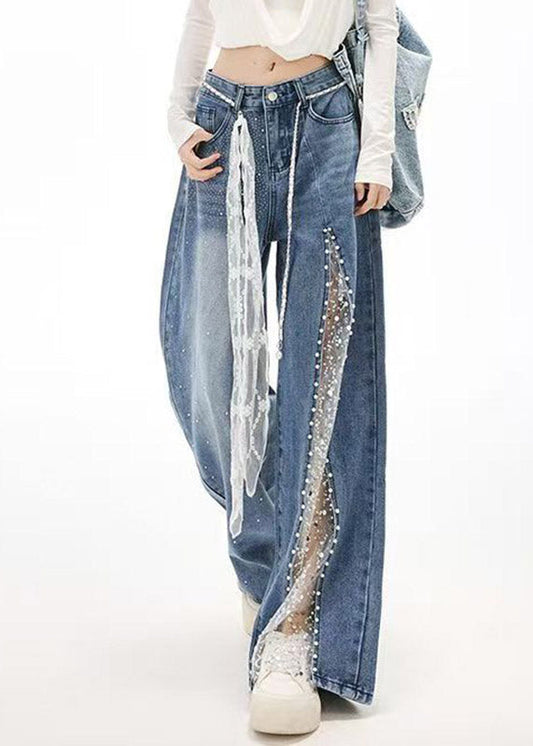 French Blue Pockets Lace Patchwork Zircon Jeans Spring