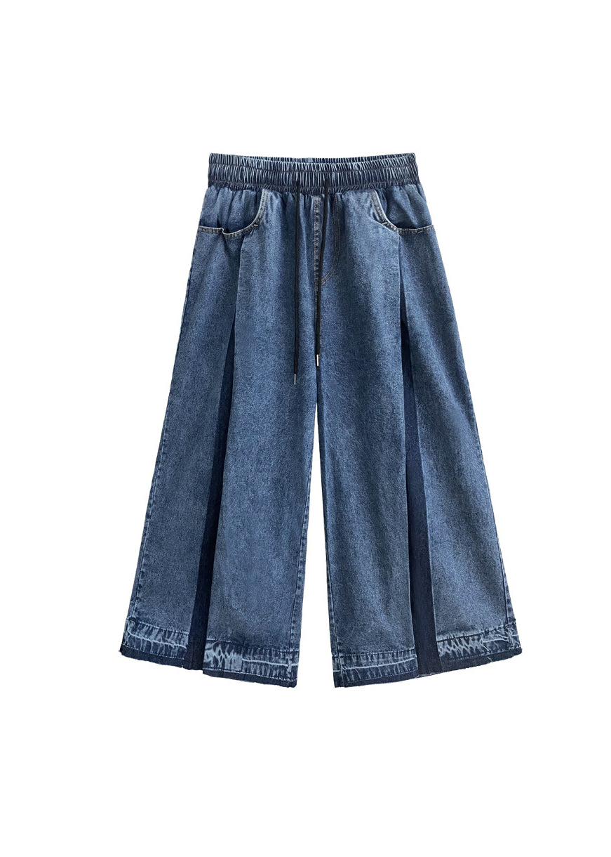 French Blue Pockets Wrinkled Patchwork Denim Wide Leg Pants Summer