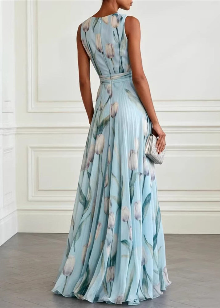 French Blue Print Exra Large Hem Chiffon Party Dresses Summer