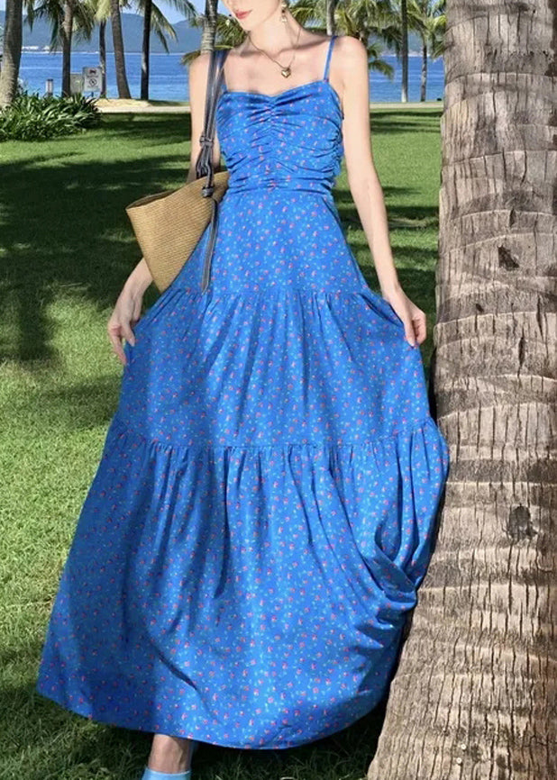 French Blue Print Patchwork Maxi Spaghetti Strap Dress Summer