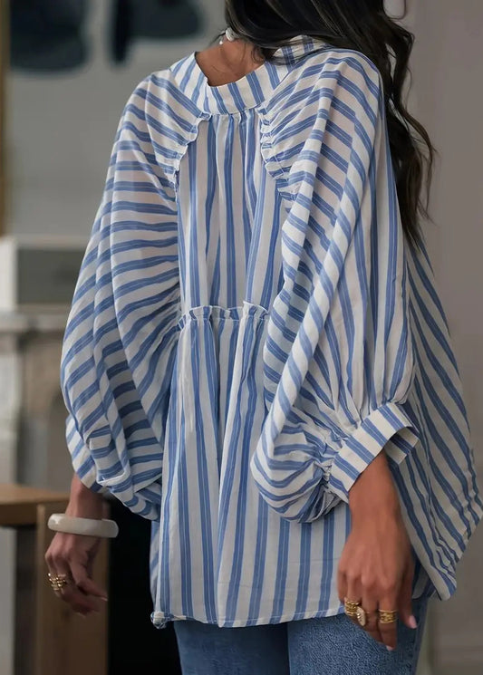 French Blue Ruffled Striped Cotton Shirt Lantern Sleeve