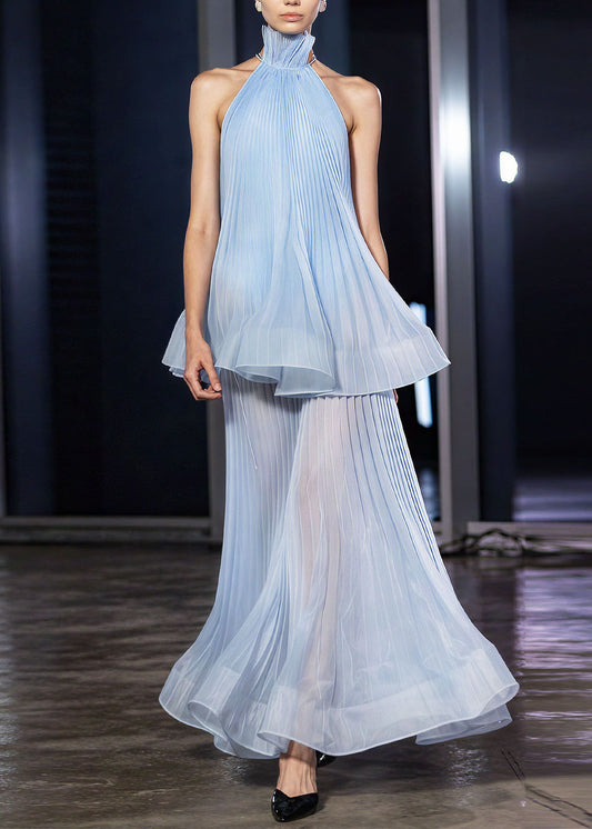 French Blue Ruffled Wrinkled Patchwork Cotton Dress Summer