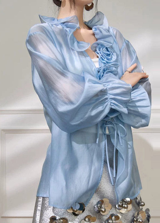 French Blue Stand Collar Floral Solid Shirt Flare Sleeve