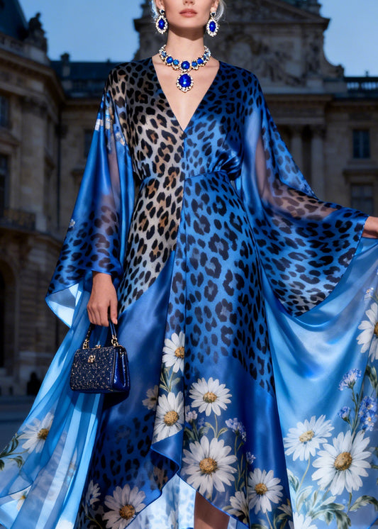 French Blue V Neck Asymmetrical Design Print Silk Long Dress Summer