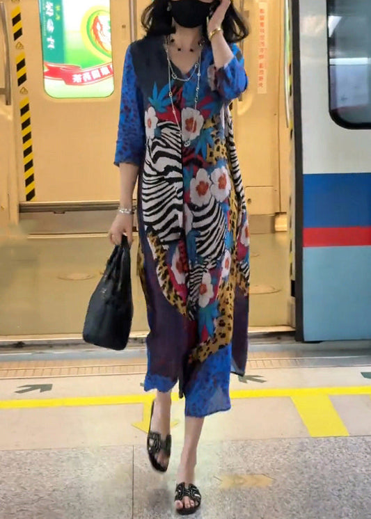 French Blue V Neck Print Chiffon Long Dress Bracelet Sleeve