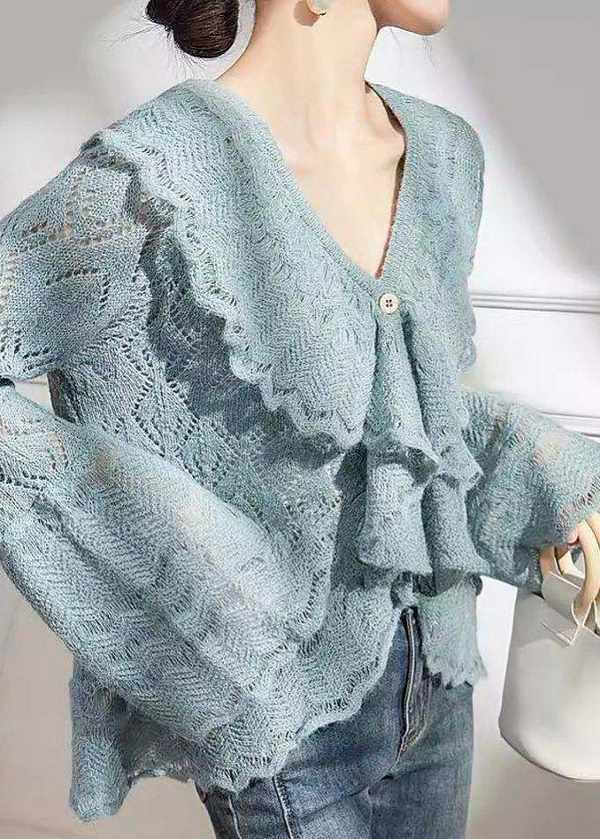 French Blue V Neck Ruffled Knit Top Flare Sleeve