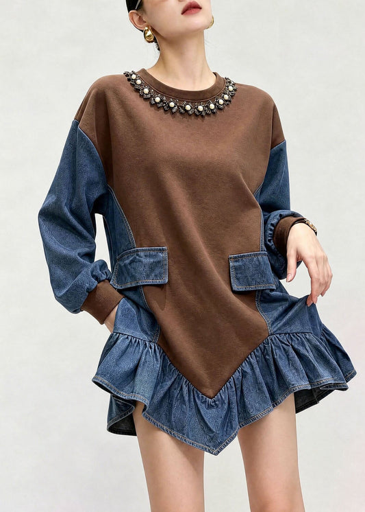 French Brown O Neck Asymmetrical Design Patchwork Denim Top Fall
