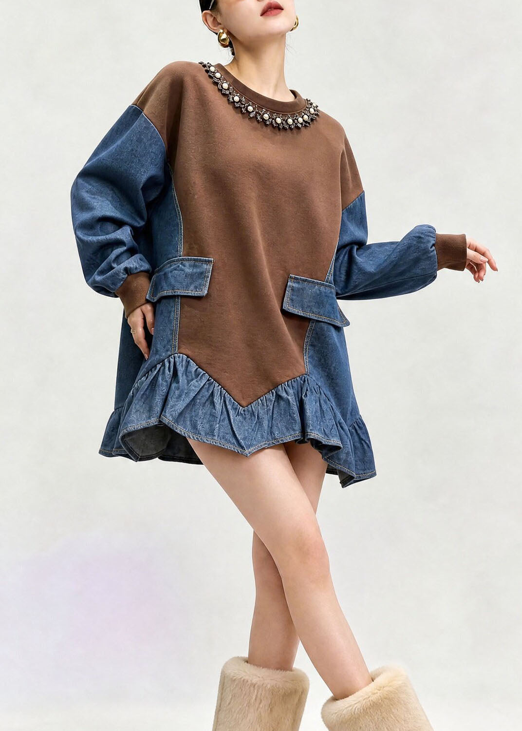 French Brown O Neck Asymmetrical Design Patchwork Denim Top Fall