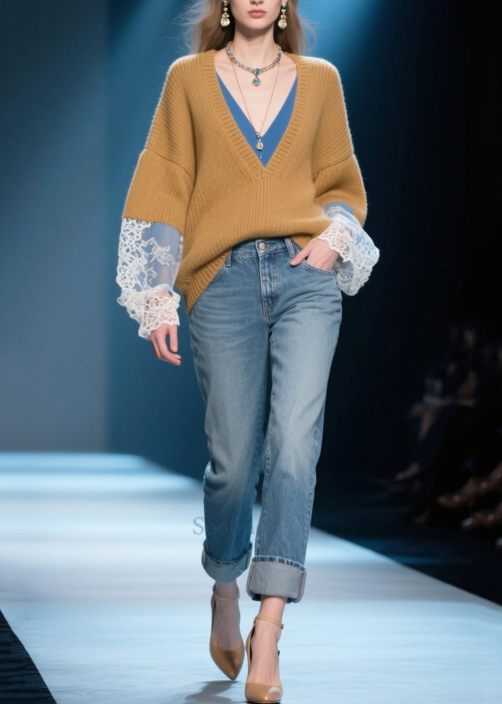 French Brown V Neck Patchwork Fake Two Piece Sweaters Winter