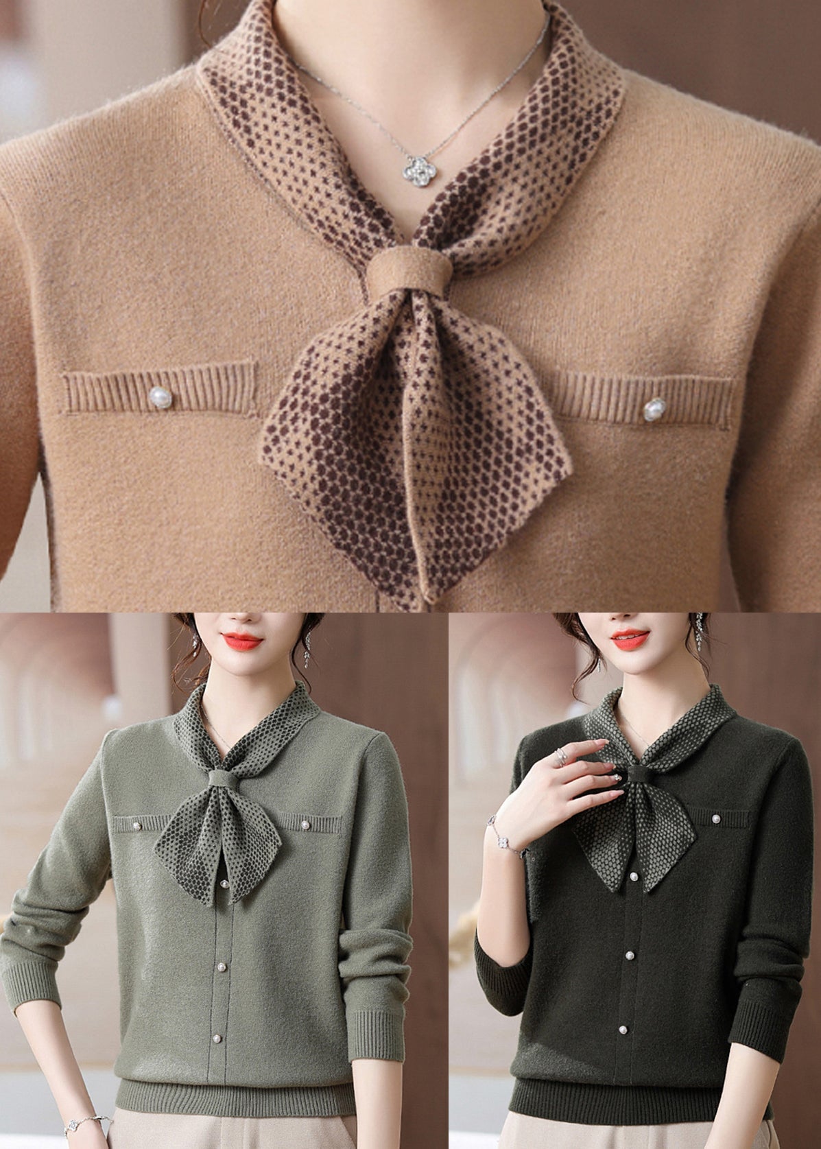 French Camel Button Cotton Knit Sweaters Fall