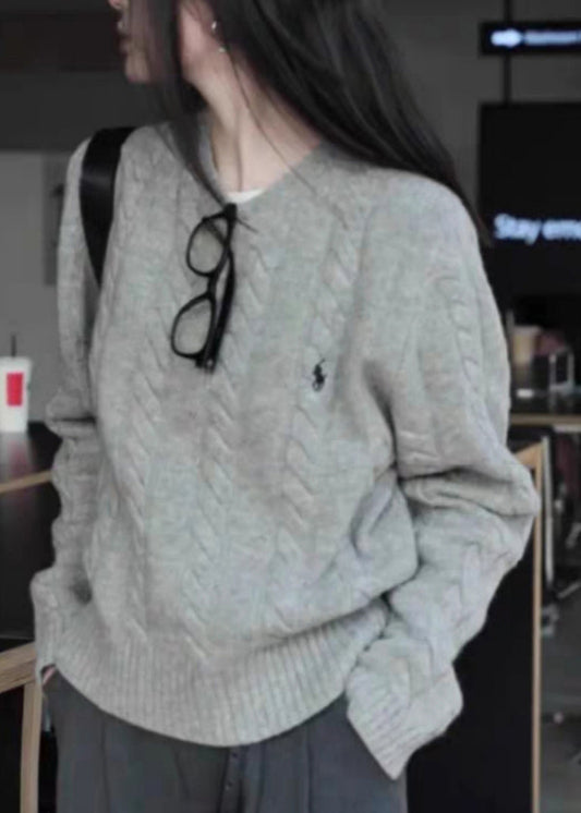 French Camel O Neck Embroidered Knit Sweaters Tops Spring