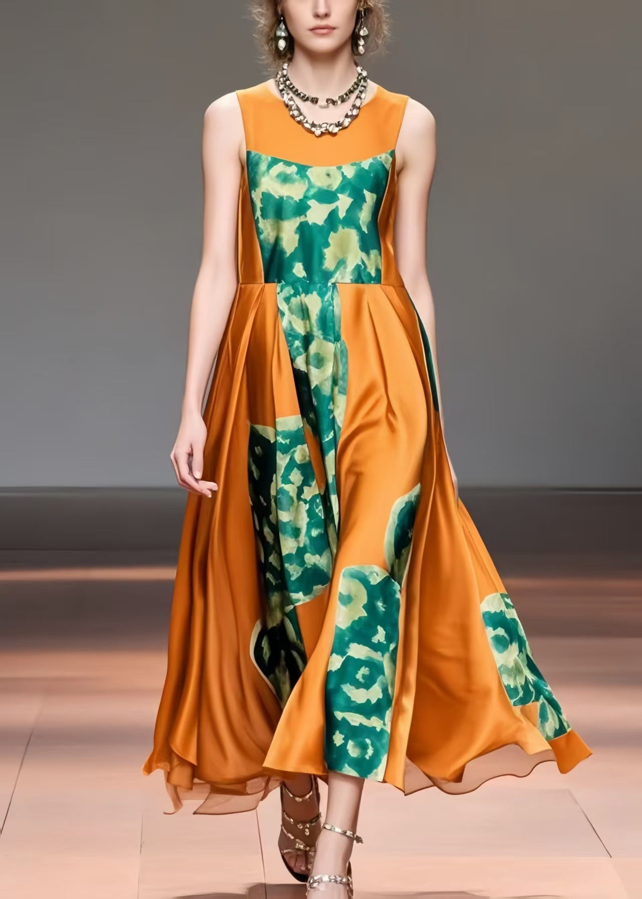 French Caramel Print Exra Large Hem Silk Long Dress Sleeveless