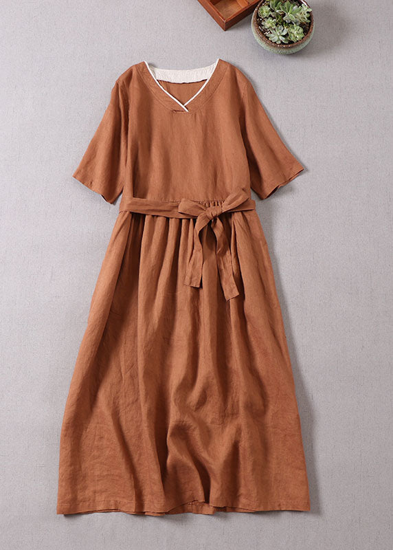 French Caramel V Neck Patchwork Linen Party Dress Short Sleeve
