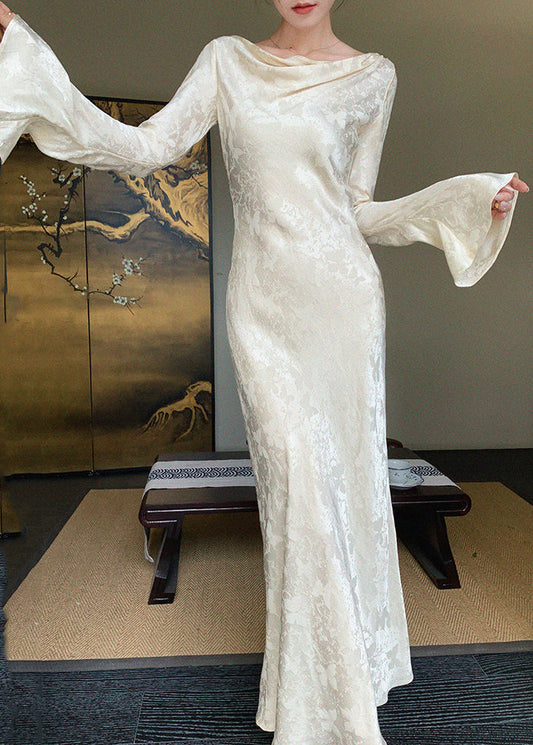 French Champagne Print Flattering Maxi Dress Spring