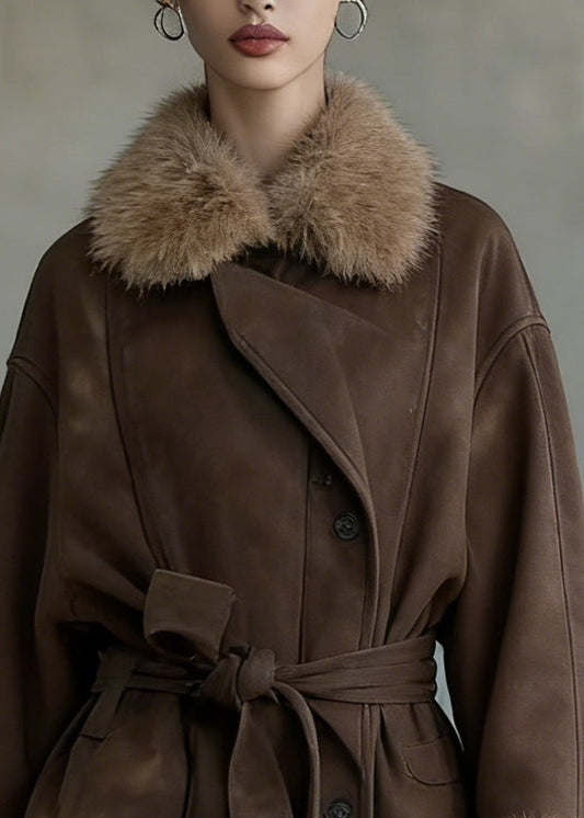 French Coffee Fur Collar Tie Waist Patchwork Woolen Coat Spring