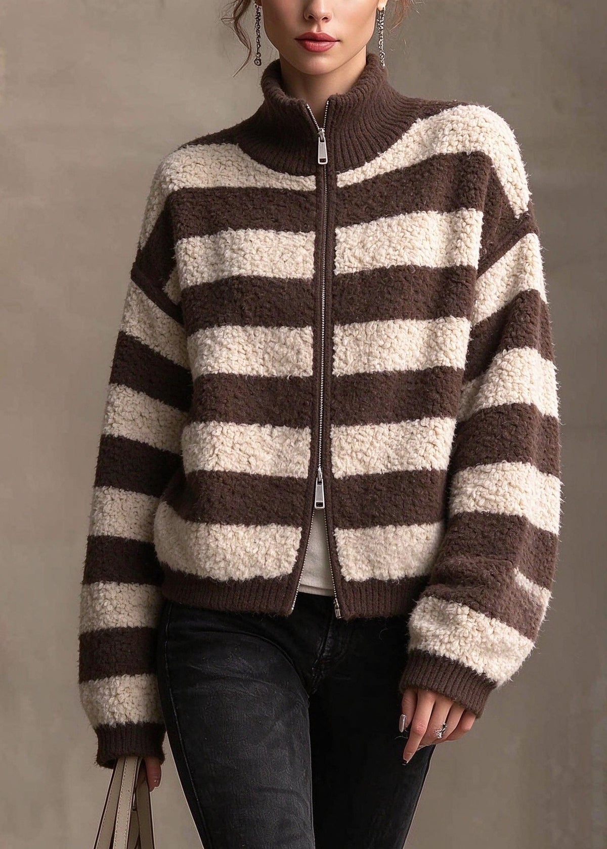 French Coffee Hign Neck Zippered Woolen Knitted Jacket Winter
