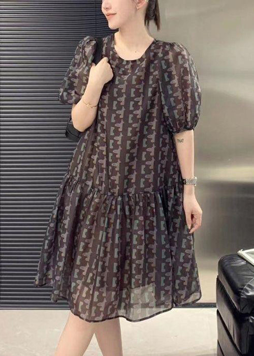 French Coffee Print Lace Up Chiffon Dress Puff Sleeve