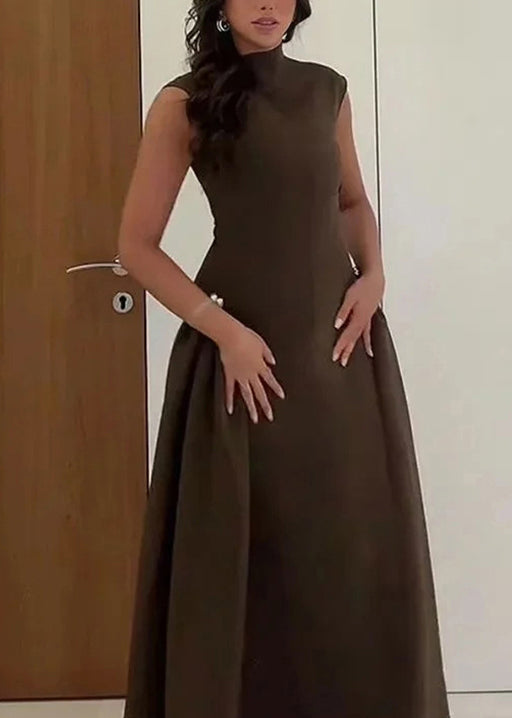 French Coffee Turtleneck High Waist Solid Cotton Long Dress Sleeveless