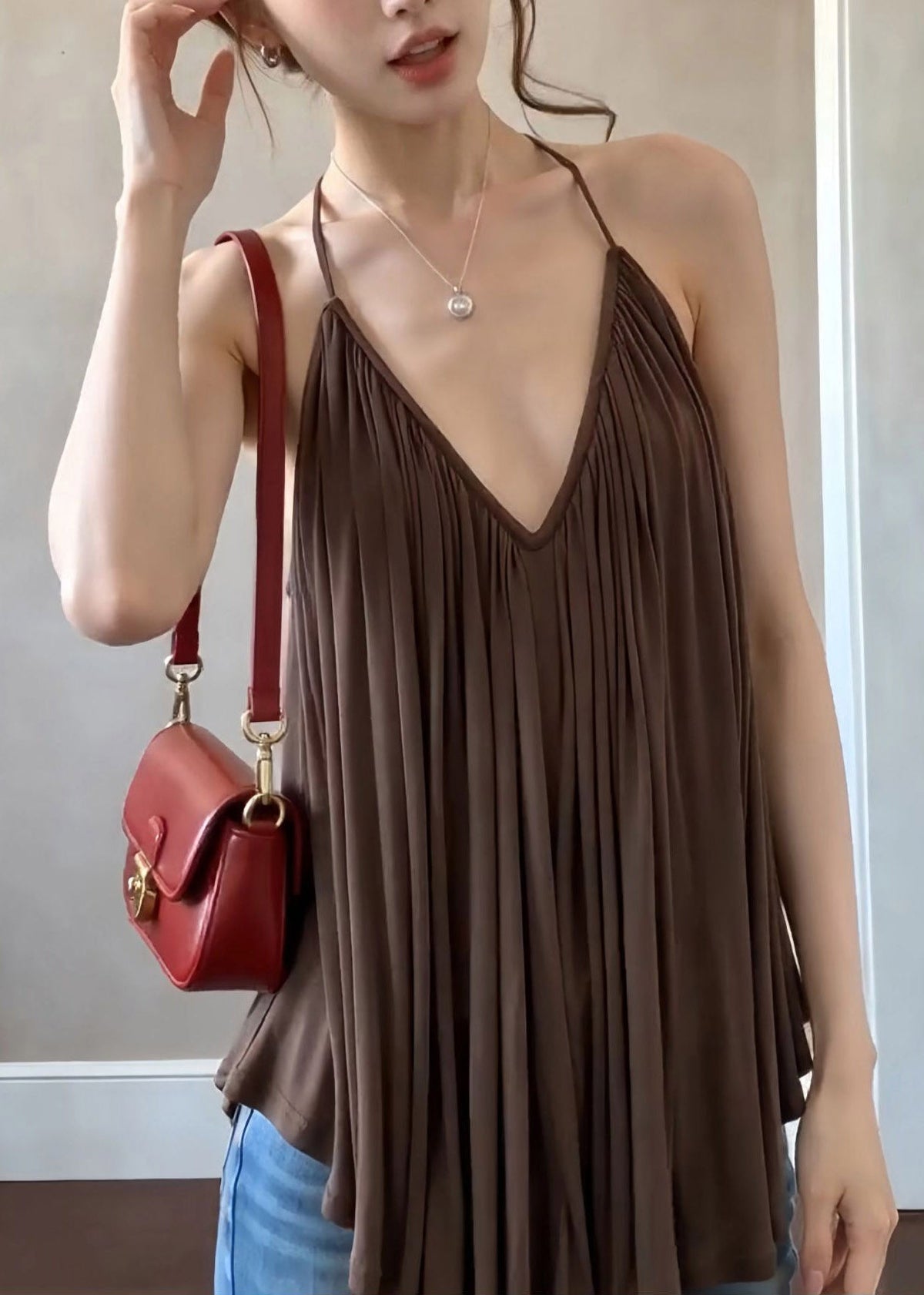 French Coffee V Neck Halter Wrinkled Solid Vest Sleeveless