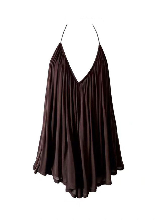 French Coffee V Neck Wrinkled Chiffon Spaghetti Strap Top Sleeveless