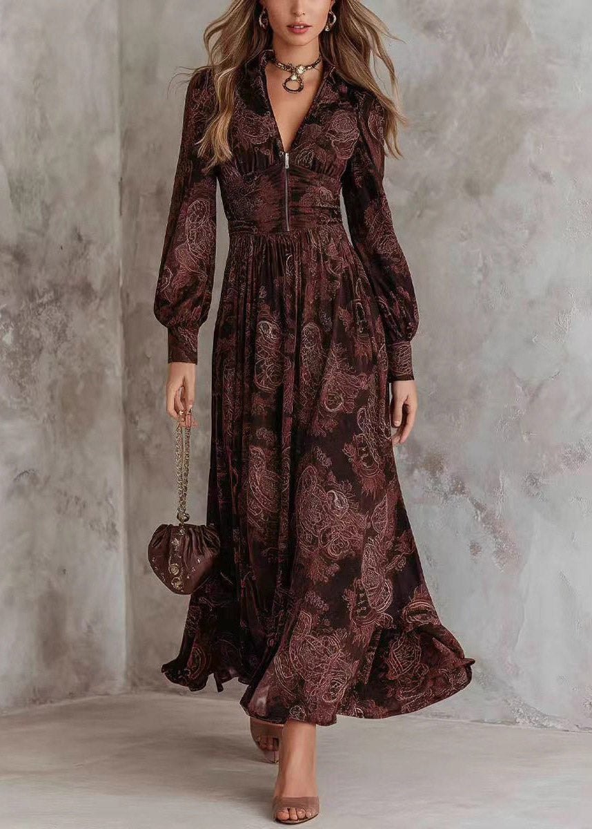 French Coffee Zippered Patchwork Long Dress Fall